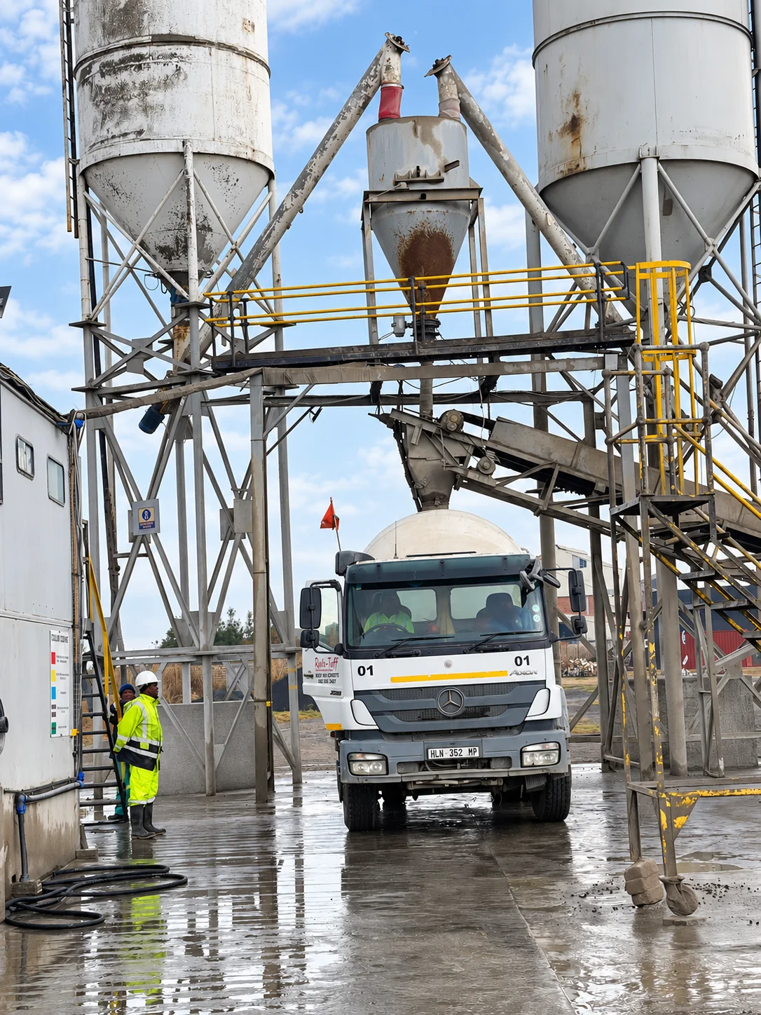 Mixer truck positioned beneath the batching plant